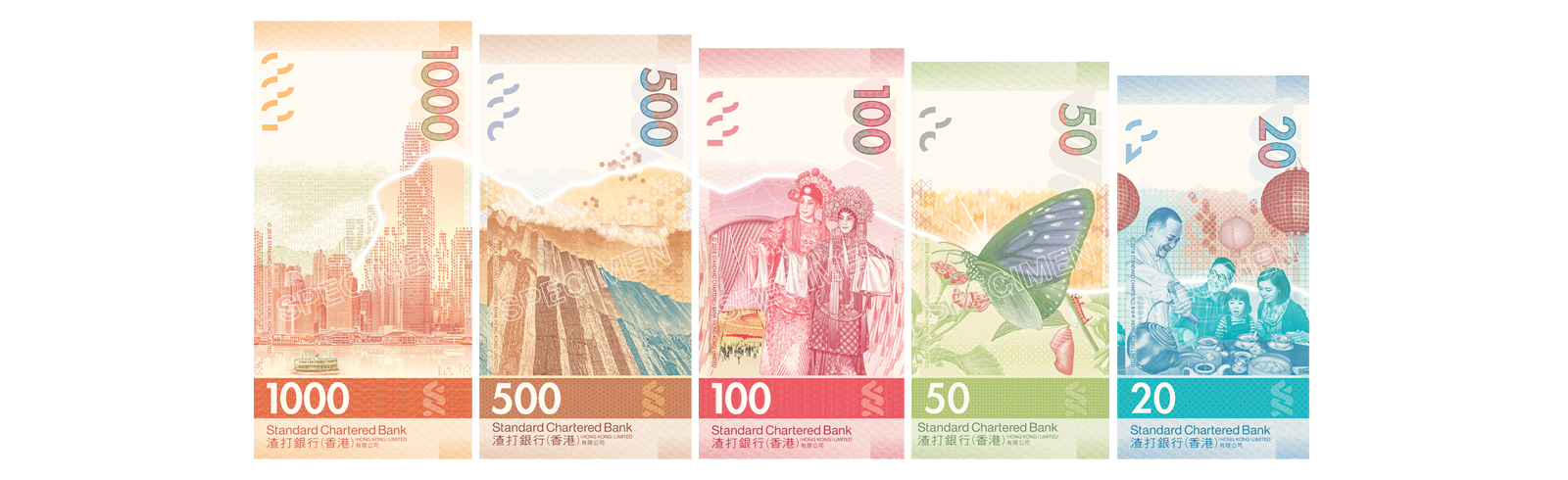 5 banknotes from $20 to $1000, forming a shape of Lion rock