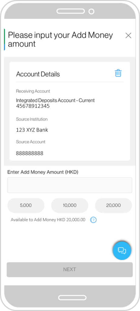Input Add Money amount